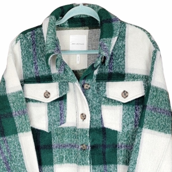 Avec Les Filles sz XS green white plaid button up long sleeve jacket shirt coat - Picture 4 of 13